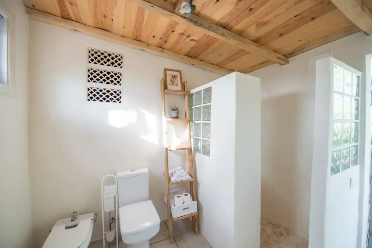 A bathroom with a toilet, bidet, and glass-block shower partition.