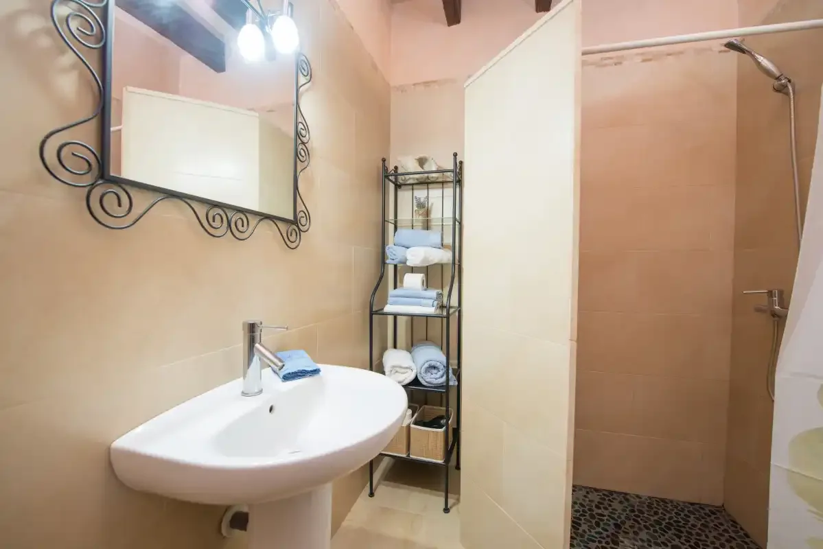 A bathroom with a sink, wall mirror, and shower.