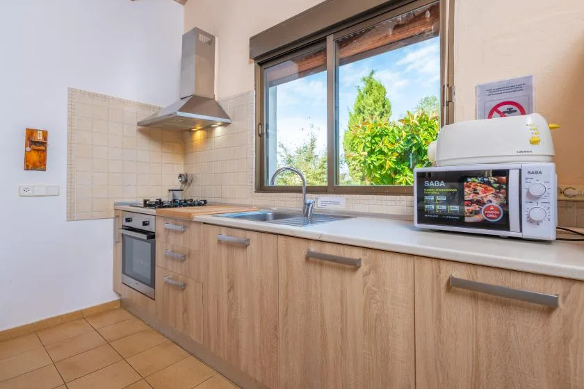 A kitchen with a countertop, sink, stovetop, and microwave.