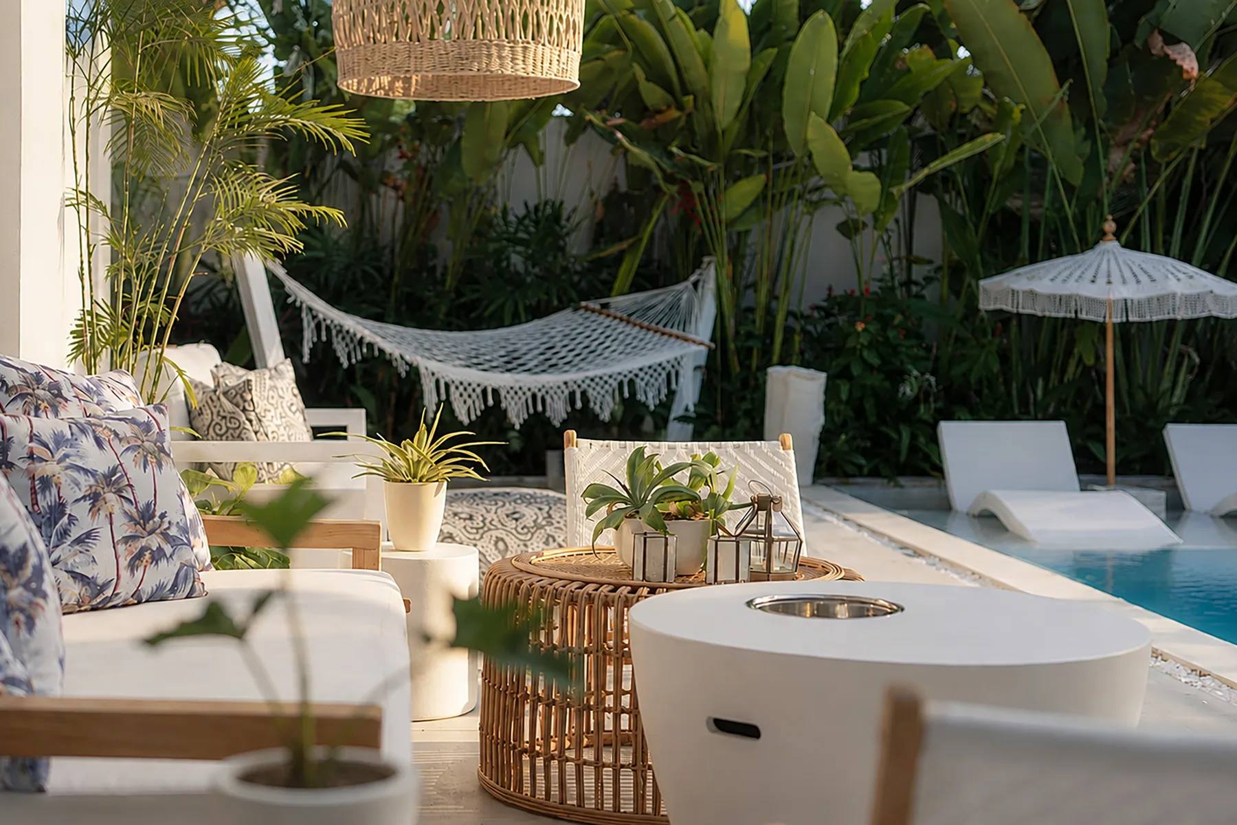 Un patio tropical junto a la piscina, con asientos, una hamaca y abundante vegetación.