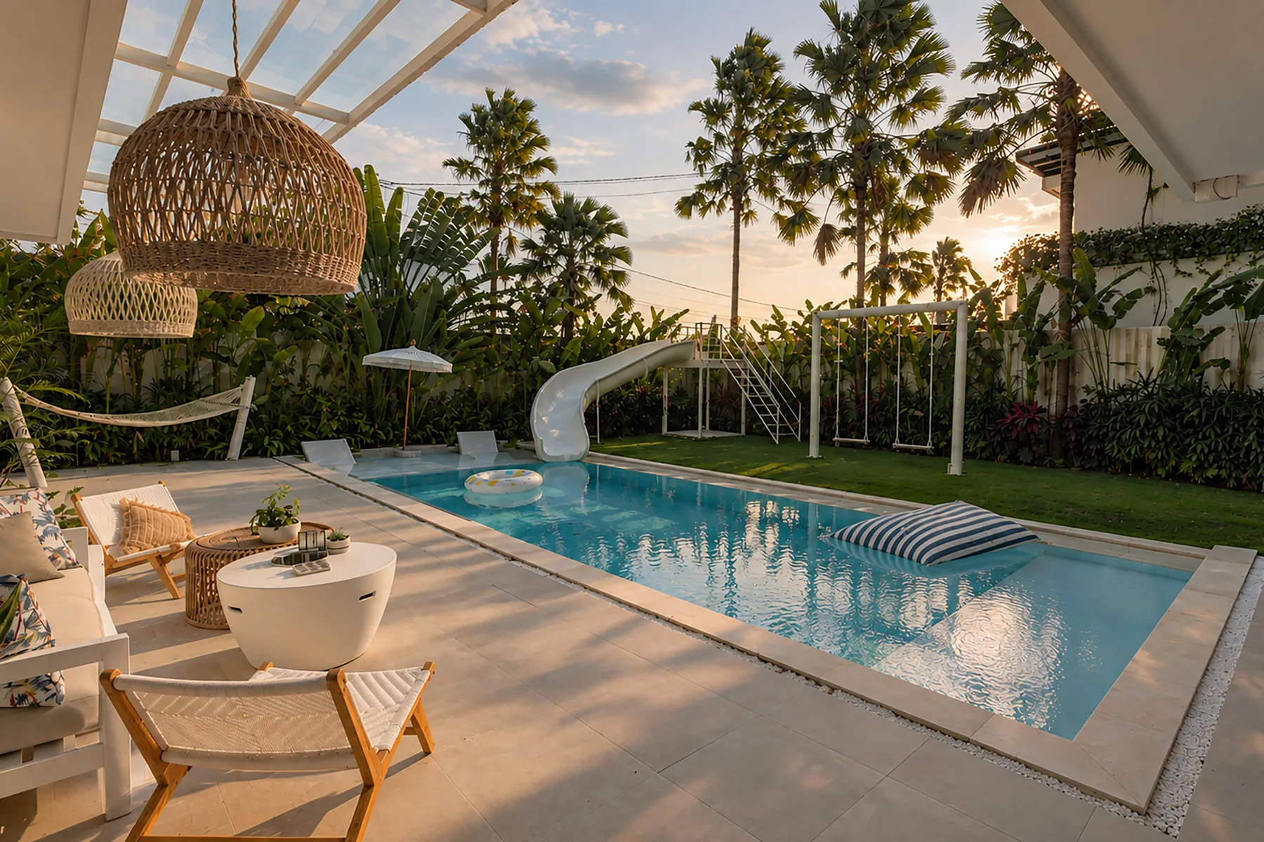 An outdoor swimming pool beside a landscaped garden and patio seating.