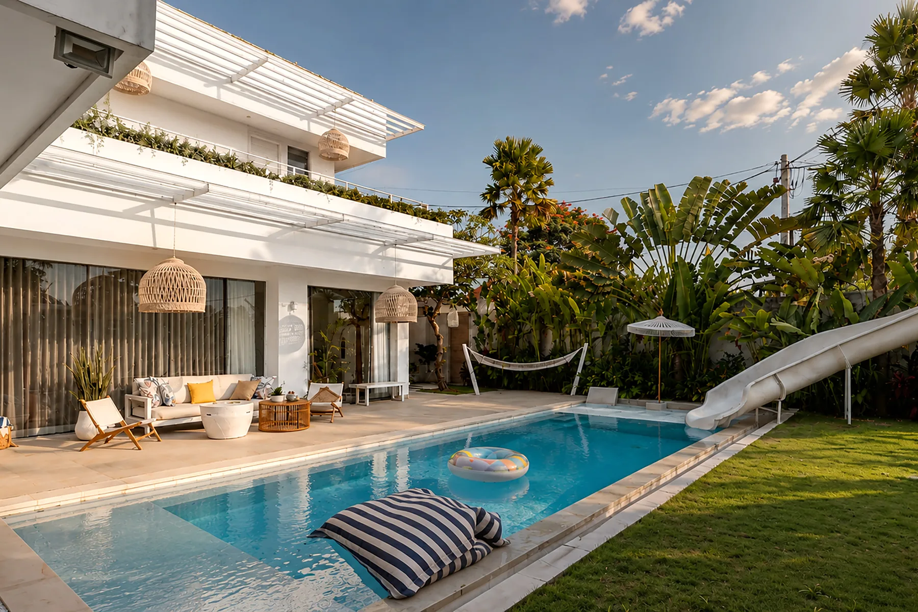 A modern white house opens onto a swimming pool and garden with a slide.