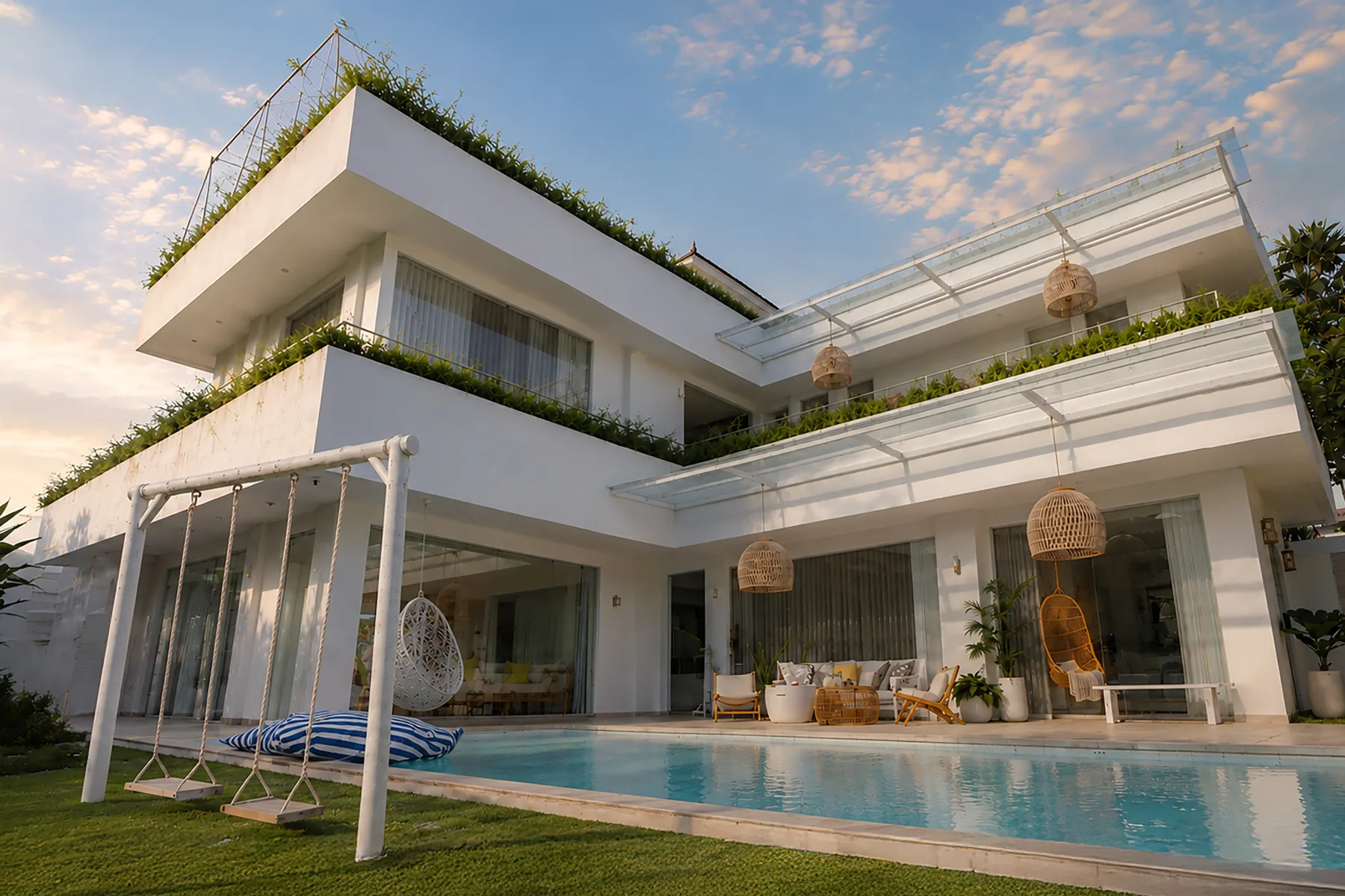 A modern white house with balconies overlooks a pool and green lawn.