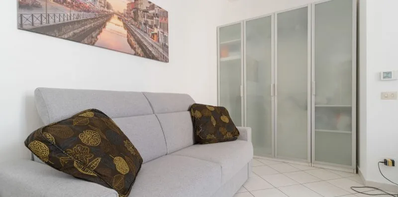 A living room with a light-colored sofa and dark patterned cushions.
