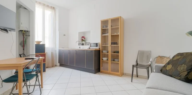 A bright living area with a dining table, kitchenette, and seating.