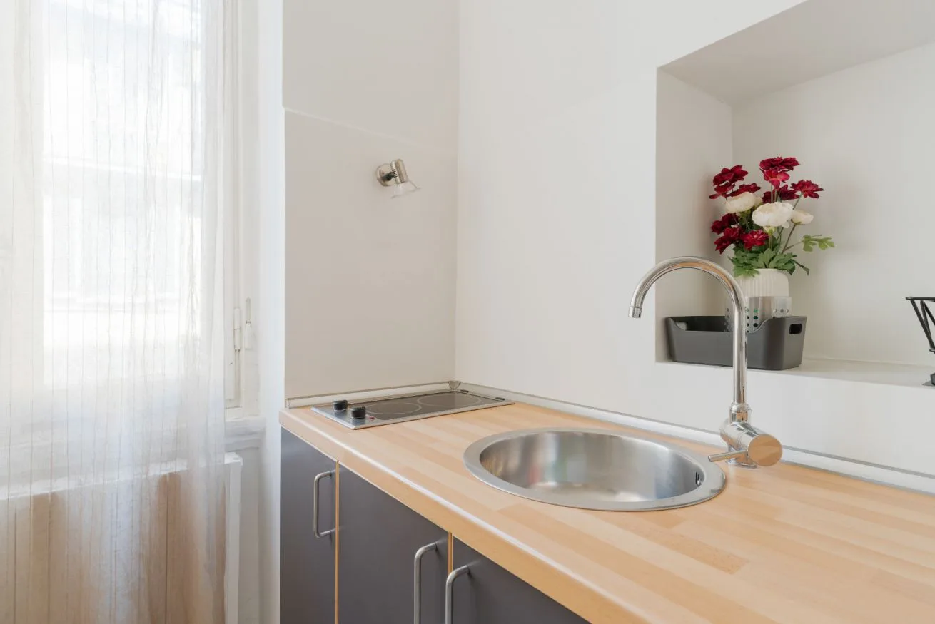 A bright kitchen with a countertop, sink, and flowers on a shelf.