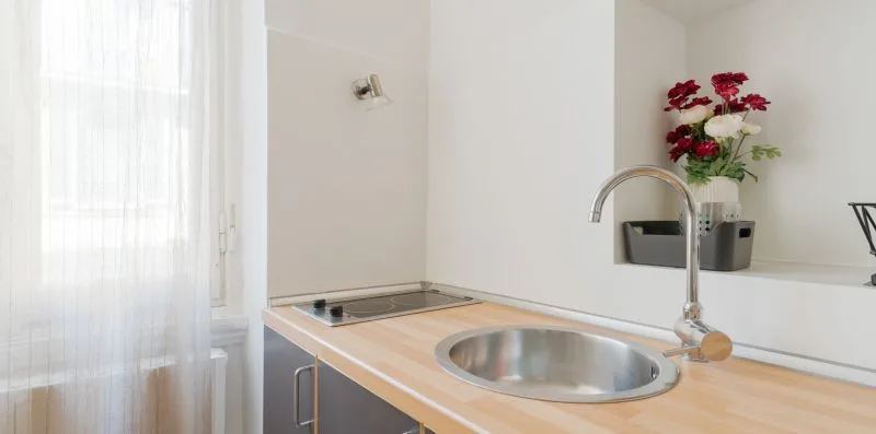 A bright kitchen counter with a stainless-steel sink and flowers.