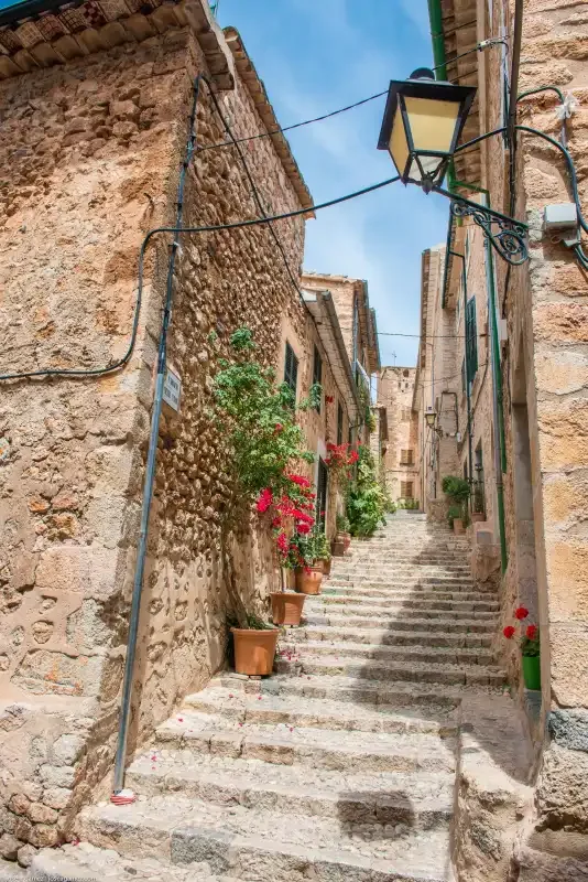 A narrow stone-paved lane climbs between old stone buildings and potted flowers.