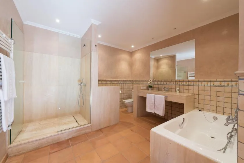 A spacious bathroom with a walk-in shower, bathtub, and tiled vanity area.