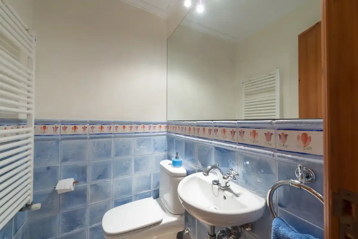 A bathroom with a sink, toilet, and blue tiled walls.