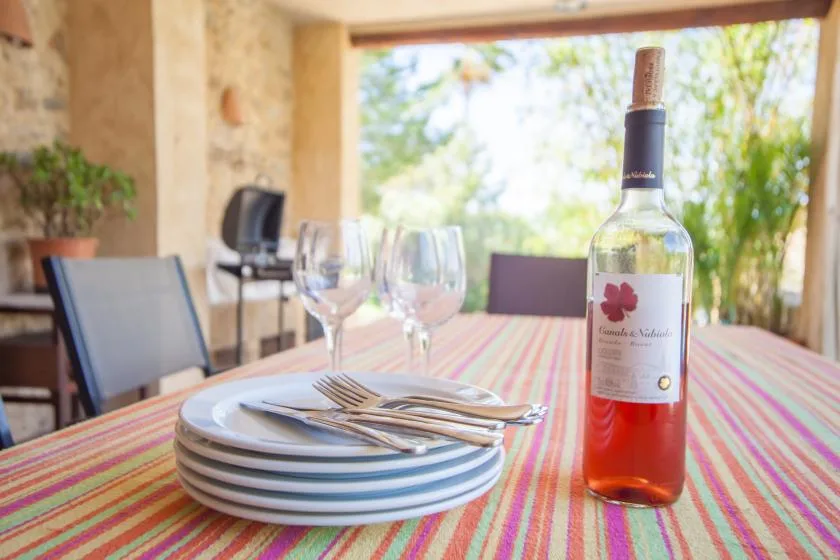 An outdoor dining table is set with plates, glasses, cutlery, and a bottle of wine.