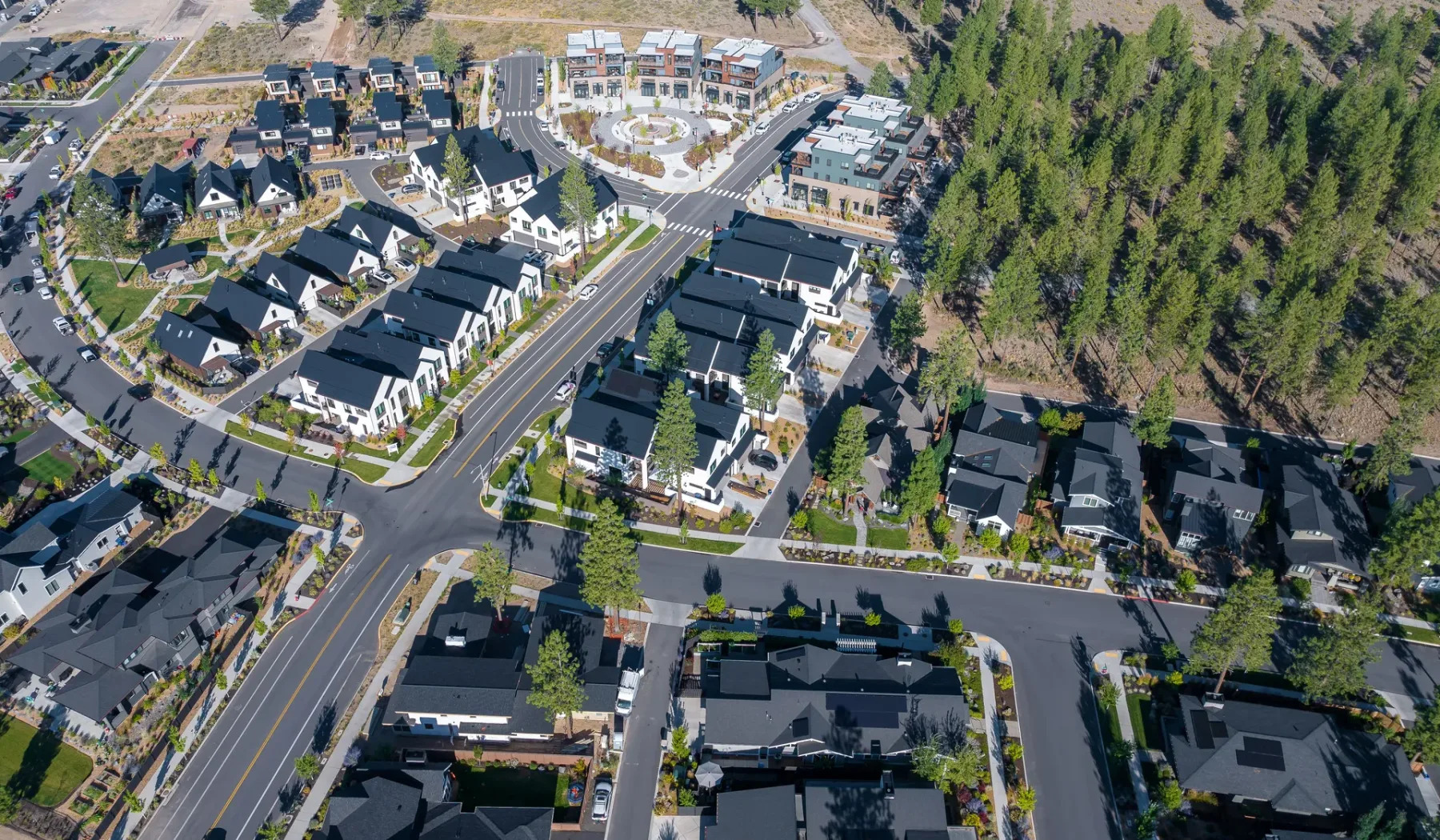 An aerial view of a residential neighborhood with houses and tree-lined streets.