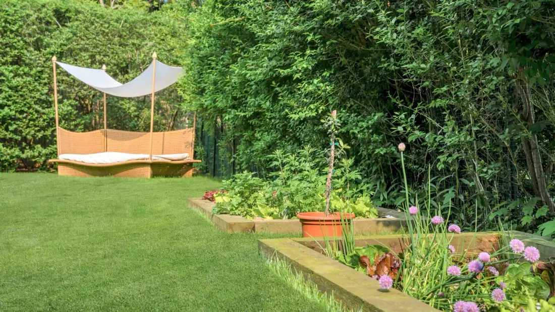 Un césped de jardín bordea parterres elevados con flores y vegetación.