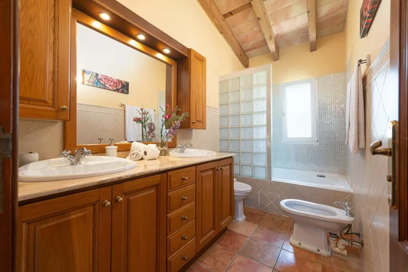 A bathroom with a long vanity, a bathtub, and a separate shower area.