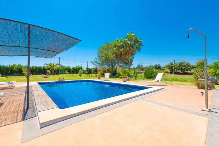 An outdoor swimming pool sits beside a paved patio and landscaped grounds.