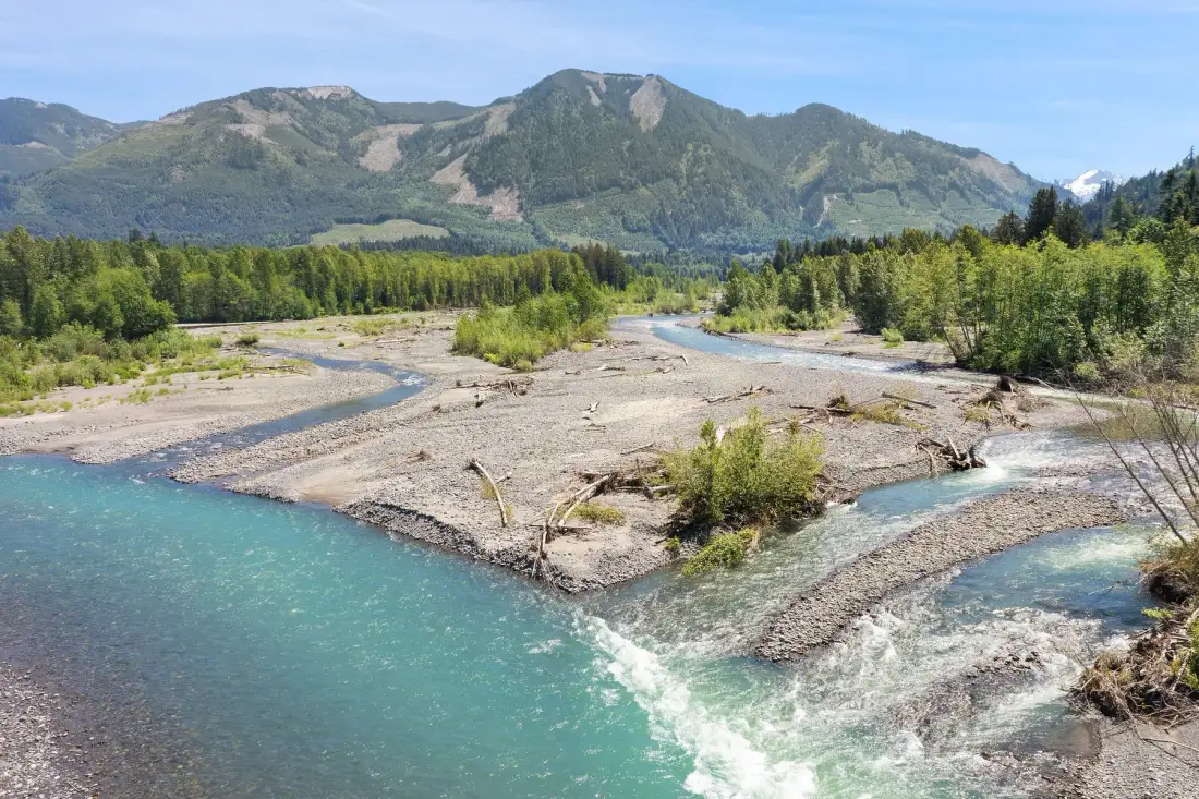 A turquoise river branches through a broad gravel riverbed beneath forested mountains.