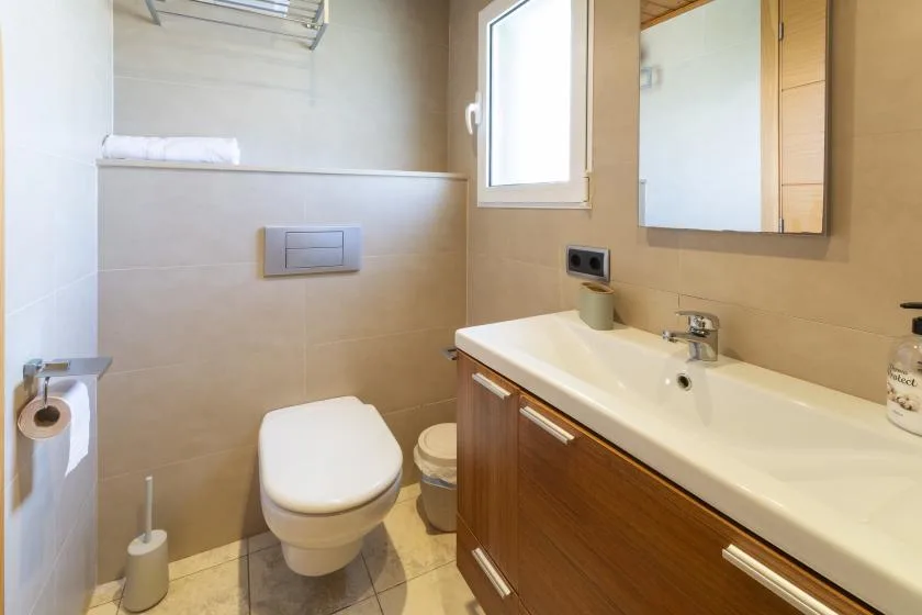 Un baño con un inodoro suspendido y un lavabo alargado con mueble.