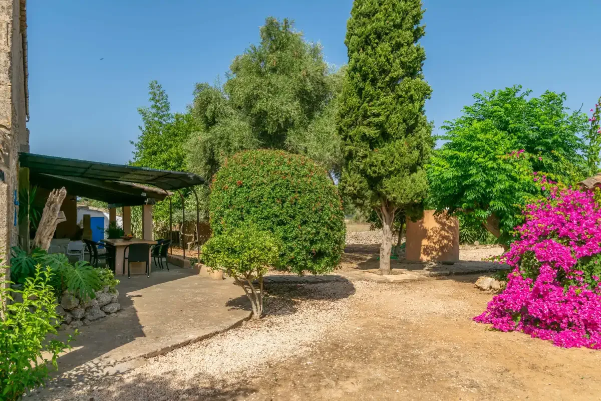 Un jardín con arbustos en flor y una zona de estar exterior a la sombra.