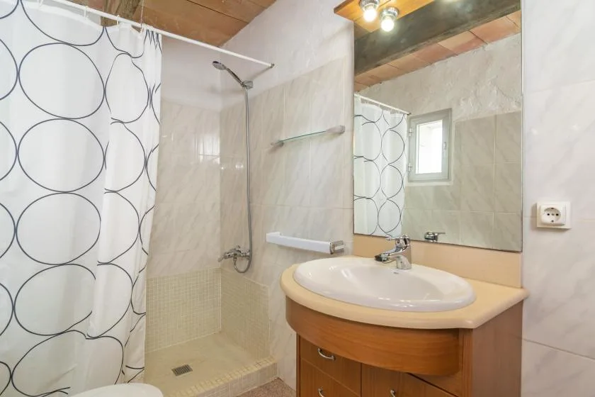 Un baño con lavabo, espejo grande y cortina de ducha estampada.