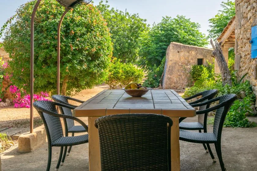 Una zona de comedor al aire libre con una mesa larga y asientos alrededor.