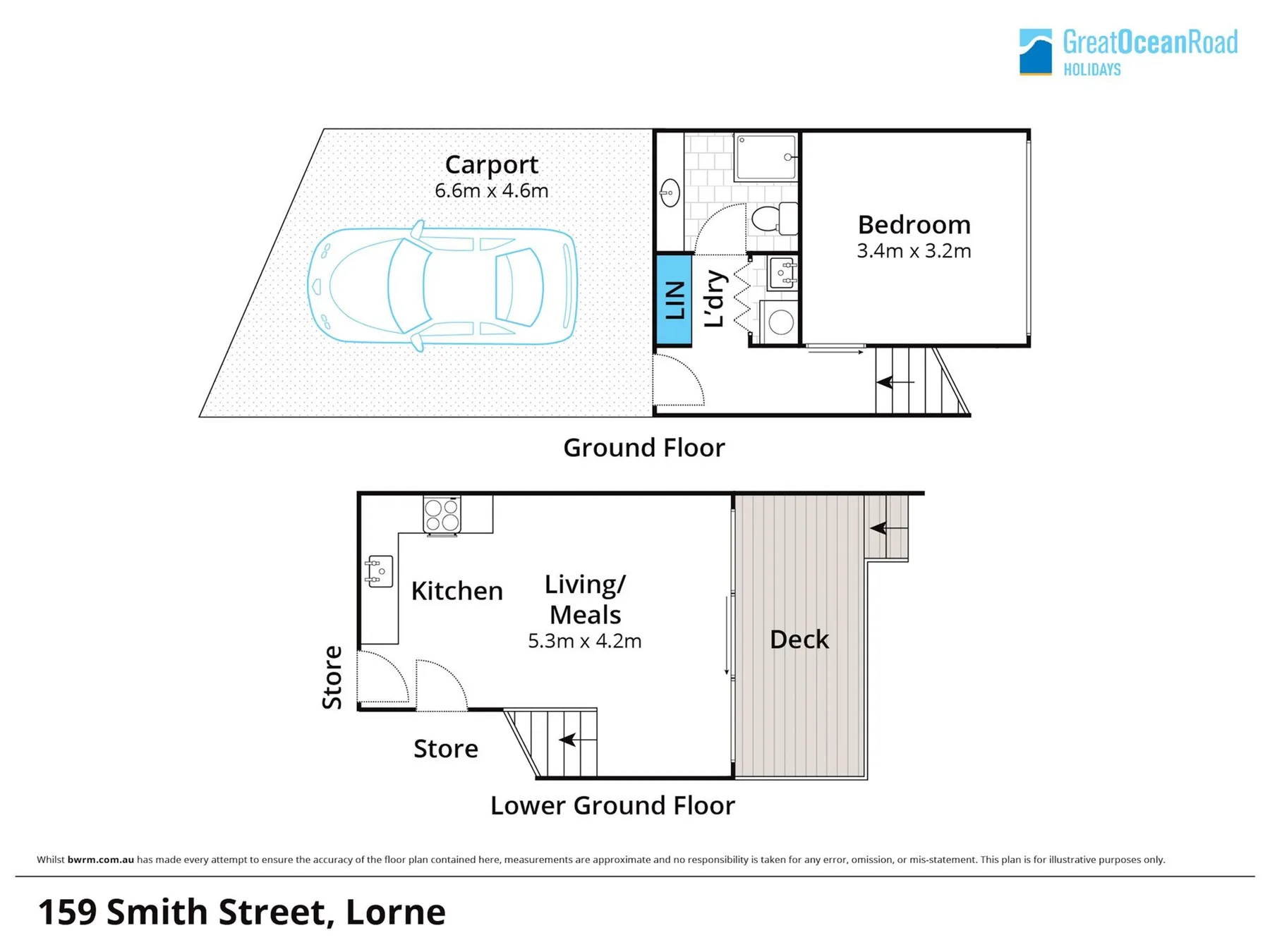 A floor plan shows a bedroom, kitchen, living area, deck, and carport.