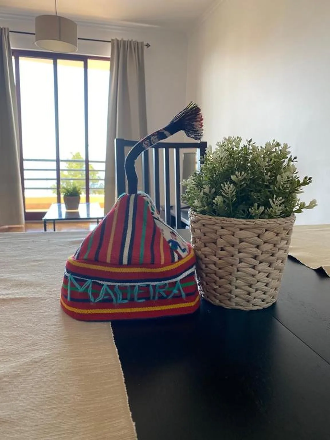 Una mesa de sala tiene una planta en maceta y una colorida decoración tejida.