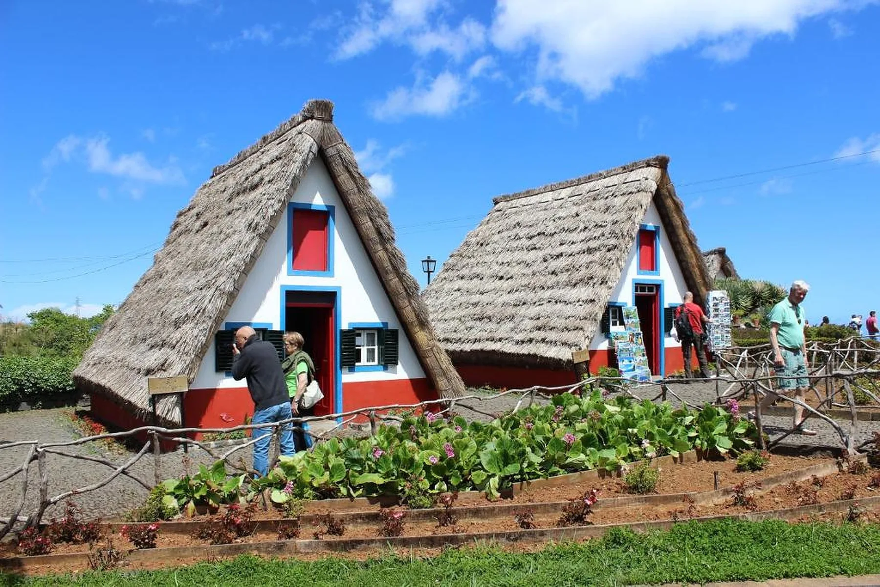 Casas con techo de paja y detalles rojos y azules junto a un jardín en un día soleado.