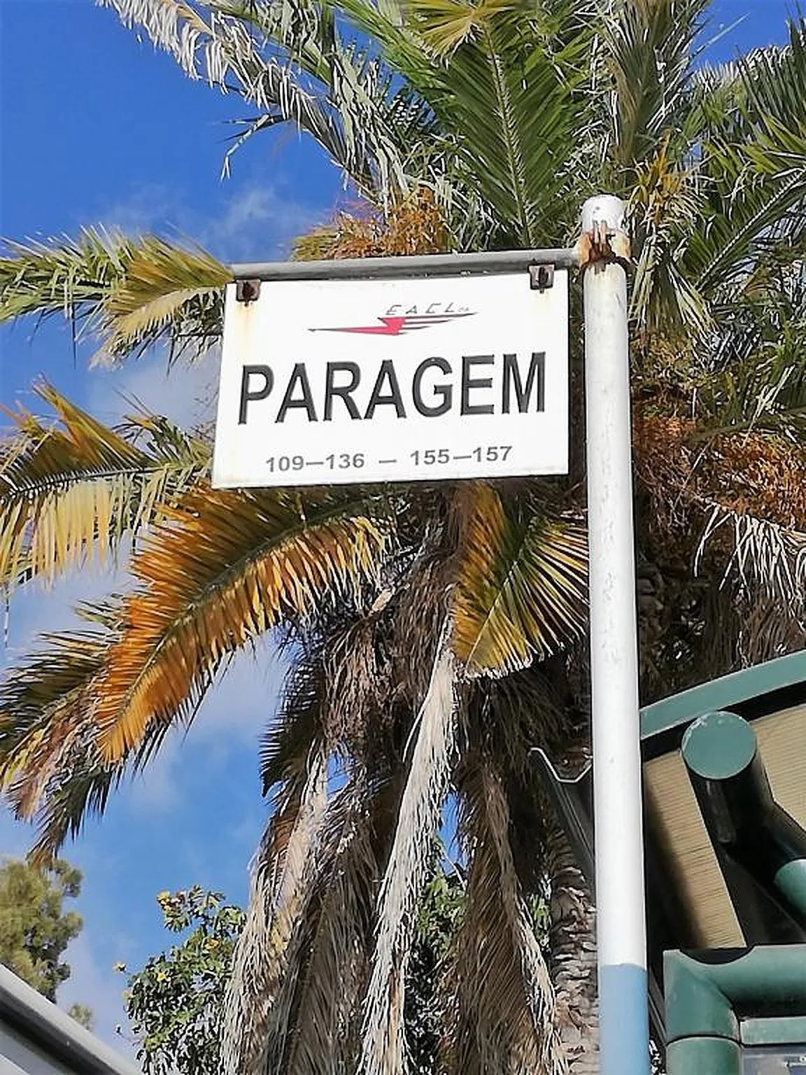 Un letrero de parada está entre palmeras bajo un cielo azul despejado.