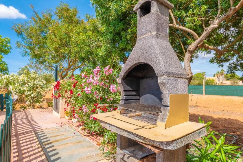 An outdoor barbecue grill stands beside flowering plants and a sunlit patio.