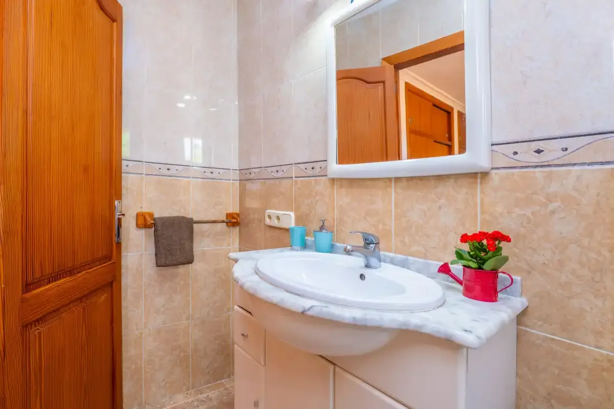 A bathroom with a sink, mirror, and wooden door.