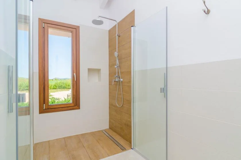 A bright bathroom with a walk-in shower and a wood-framed window.
