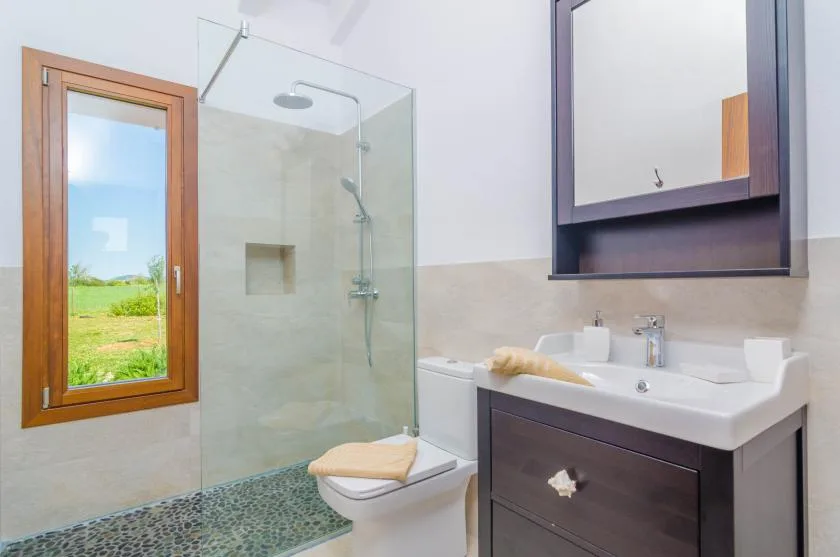 A bathroom with a glass shower, toilet, and vanity.