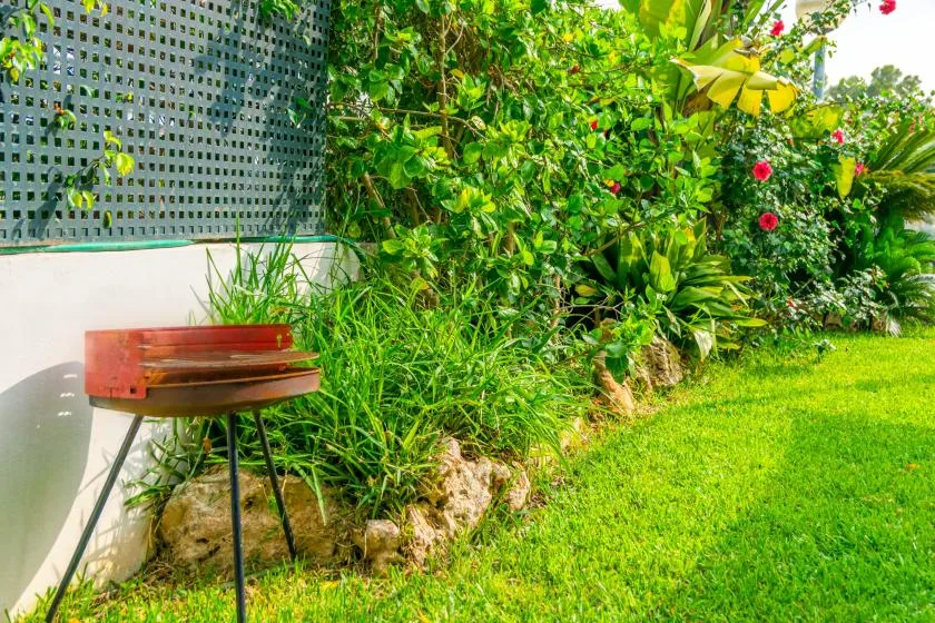 Un jardín con una pequeña parrilla junto a plantas frondosas con flores y césped.