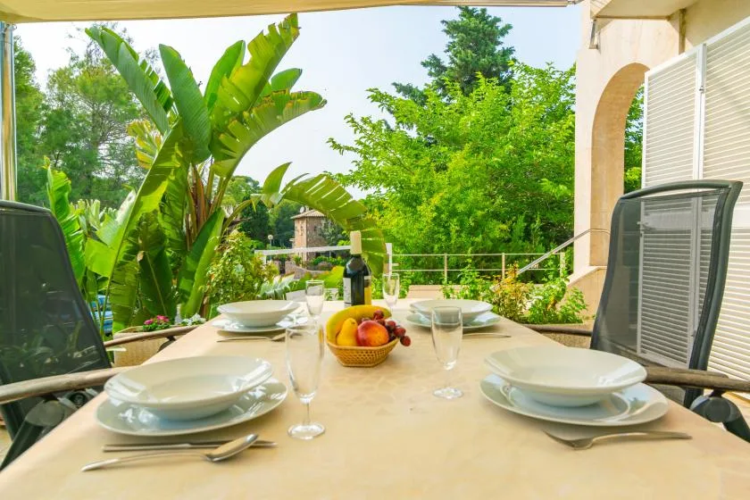 Una mesa de comedor al aire libre está puesta con platos junto a abundantes plantas verdes.