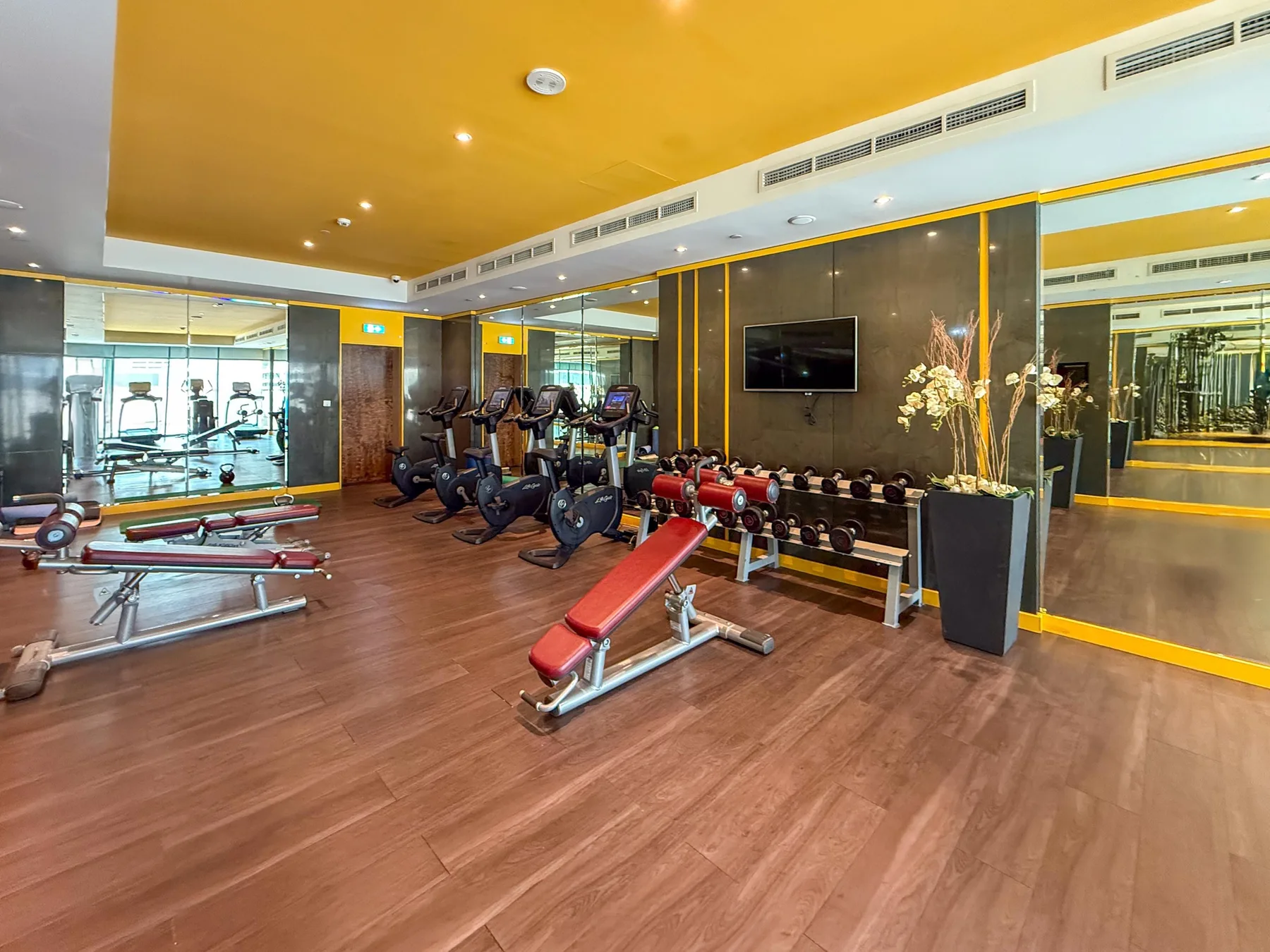 Una sala de ejercicio con bicicletas estáticas, pesas y bancos.