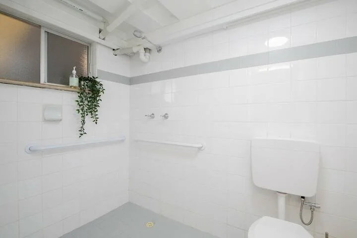 Un baño alicatado con un inodoro montado en la pared y accesorios de ducha.