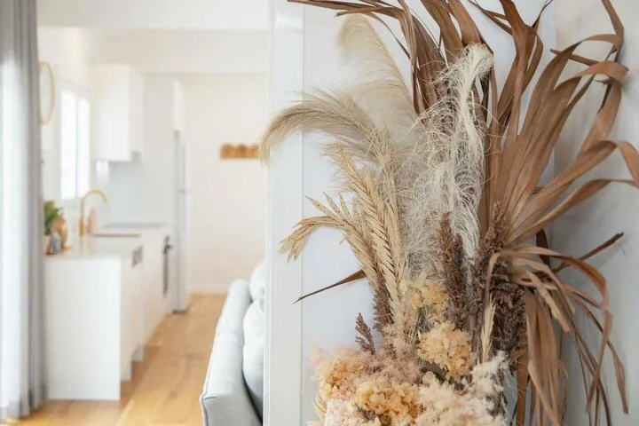 Una cocina luminosa se abre junto a una zona de estar, con plantas secas en primer plano.