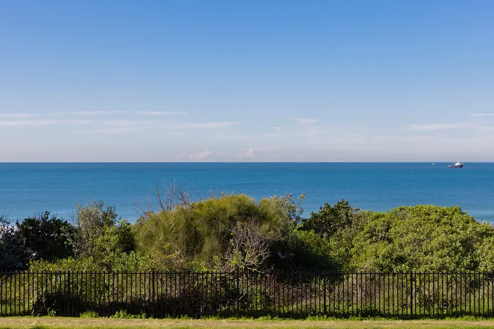 Paisaje costero con arbustos verdes, una valla y el mar en el horizonte.