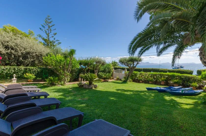 A seaside garden with green lawn, lounge seating, and palm trees.