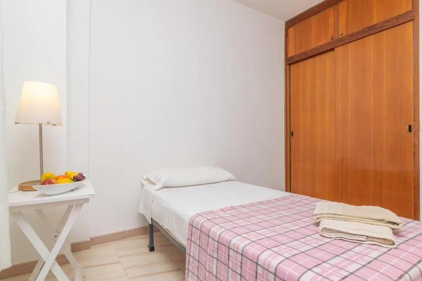 A bedroom with a single bed, pink checked bedding, and a wooden wardrobe.