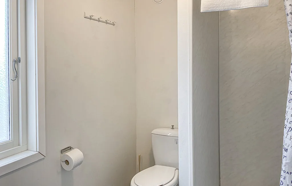 Un baño con inodoro, ganchos en la pared y una ventana.