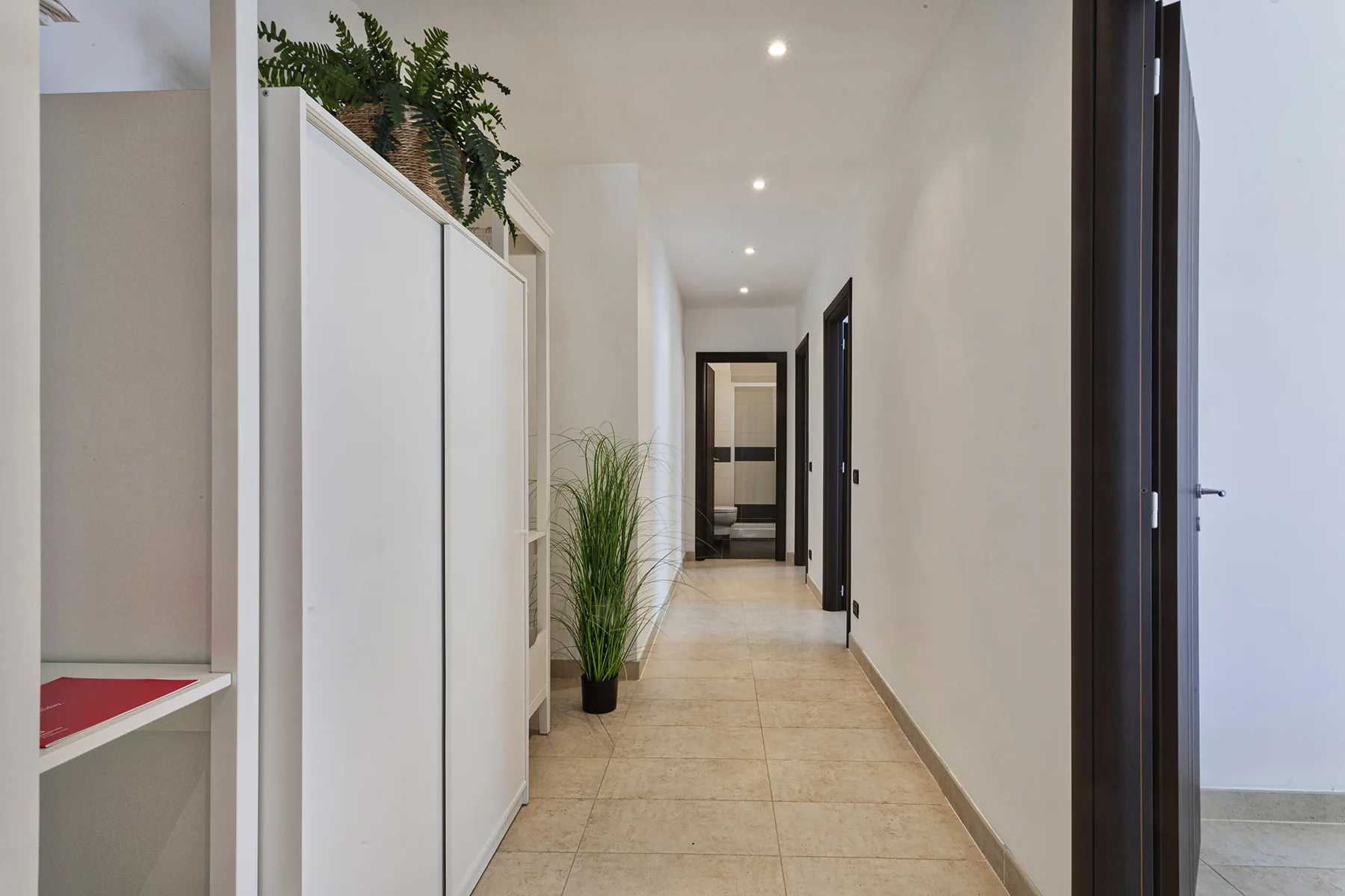 A bright hallway with tiled flooring, white cabinets, and potted plants.