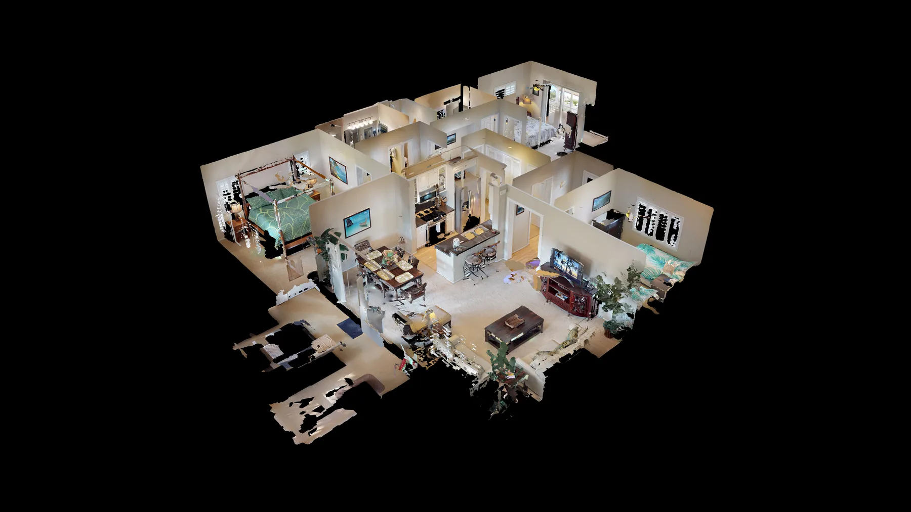 El interior amueblado de una vivienda aparece en una vista cenital tridimensional.