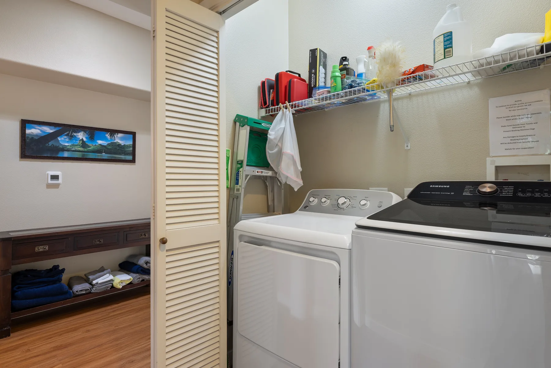 Un cuarto de lavandería con una lavadora y una secadora bajo un estante con productos de limpieza.