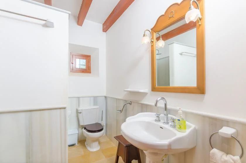 Un baño luminoso con lavabo, espejo e inodoro.