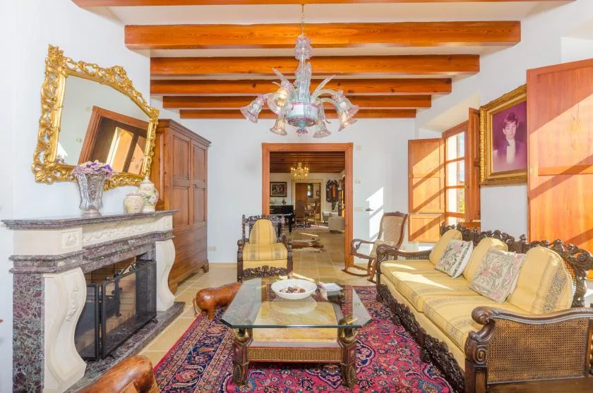 Una sala de estar con chimenea, asientos y una alfombra estampada.