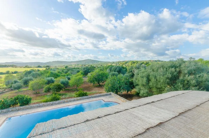 Una piscina y una terraza con baldosas dan a un paisaje verde bajo un cielo nublado.