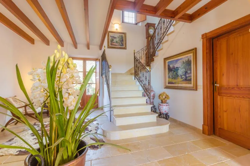 Un recibidor luminoso con una escalera, cuadros enmarcados y una planta con flores.