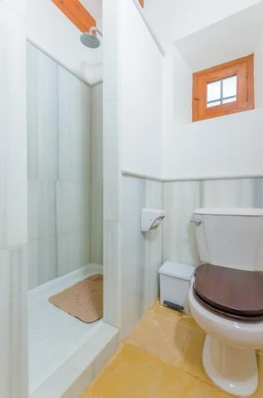 Un baño con ducha, inodoro y una pequeña ventana con marco de madera.