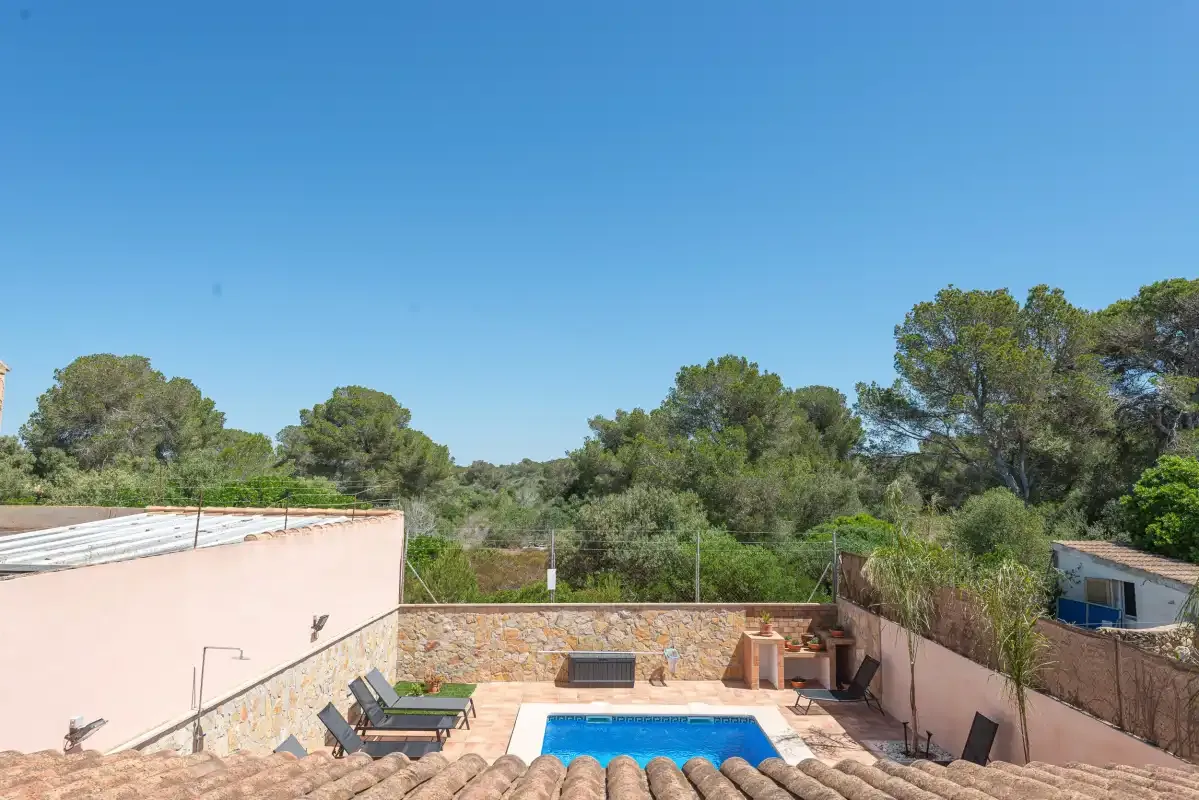 A rooftop terrace with a swimming pool, seating, and trees beyond the wall.